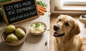Złoty retriever z zaciekawieniem patrzy na miseczkę purée ziemniaczanego. Tabliczka pyta: "Czy pies może jeść ziemniaki?".