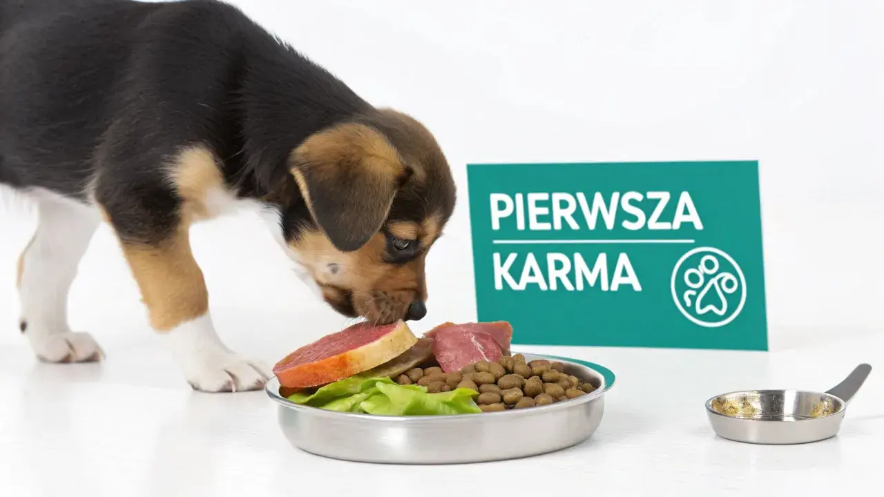 Mały piesek wącha miskę z karmą i mięsem. Tabliczka informuje: "Pierwsza karma".