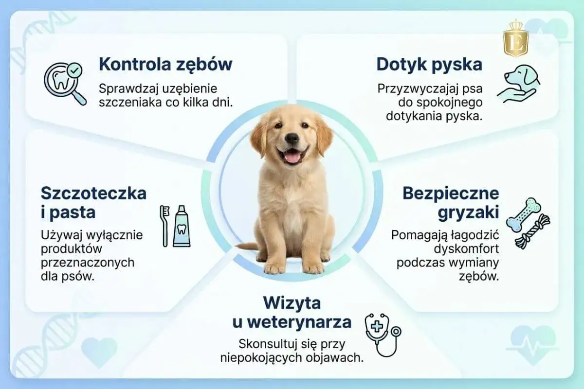 Szczeniak z uśmiechem, gdy psu wypadają zęby stałe. Porady: kontrola zębów, dotyk pyska, szczoteczka i pasta, bezpieczne gryzaki, wizyta u weterynarza.