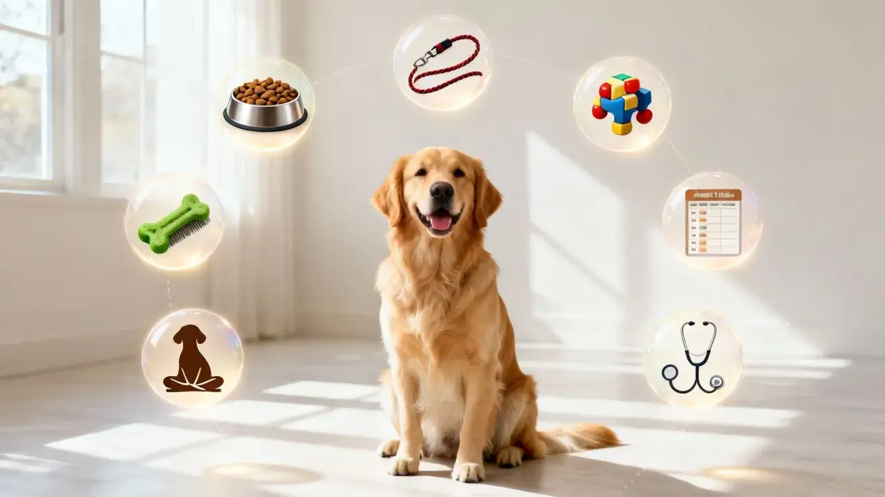Szczęśliwy golden retriever otoczony bańkami z jedzeniem, zabawkami, smyczą, kalendarzem, stetoskopem i symbolem relaksu. Wszystko dla zdrowia psa.