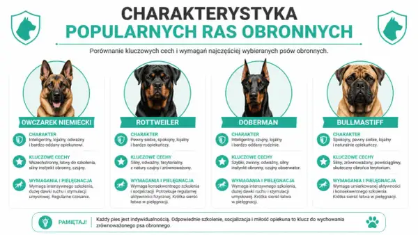 Owczarek niemiecki, Rottweiler, Doberman i Bullmastiff – porównanie cech psów obronnych, gdy pies jest dorosły.